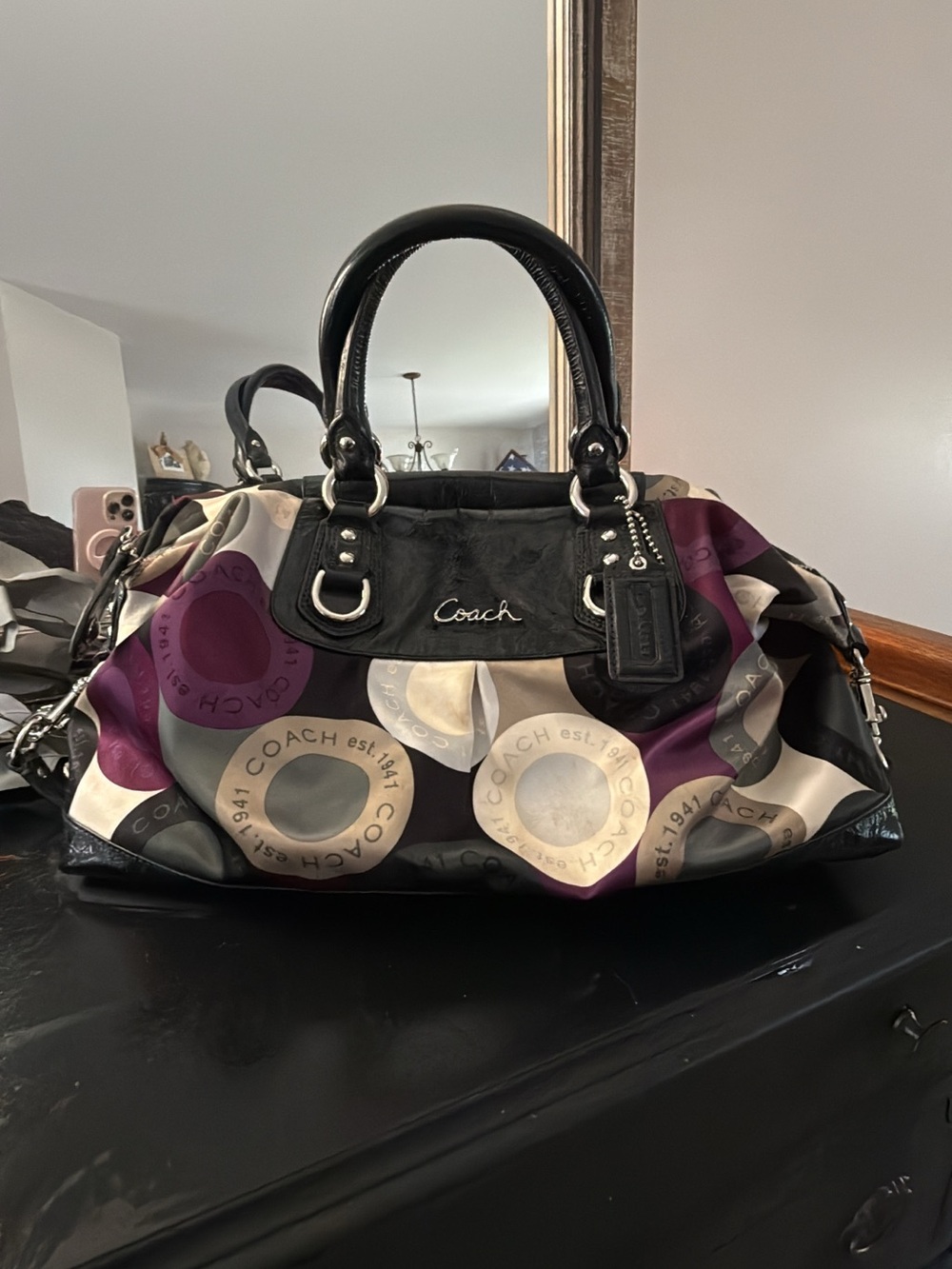 Coach Black, Purple & Cream Circle Print Satchel